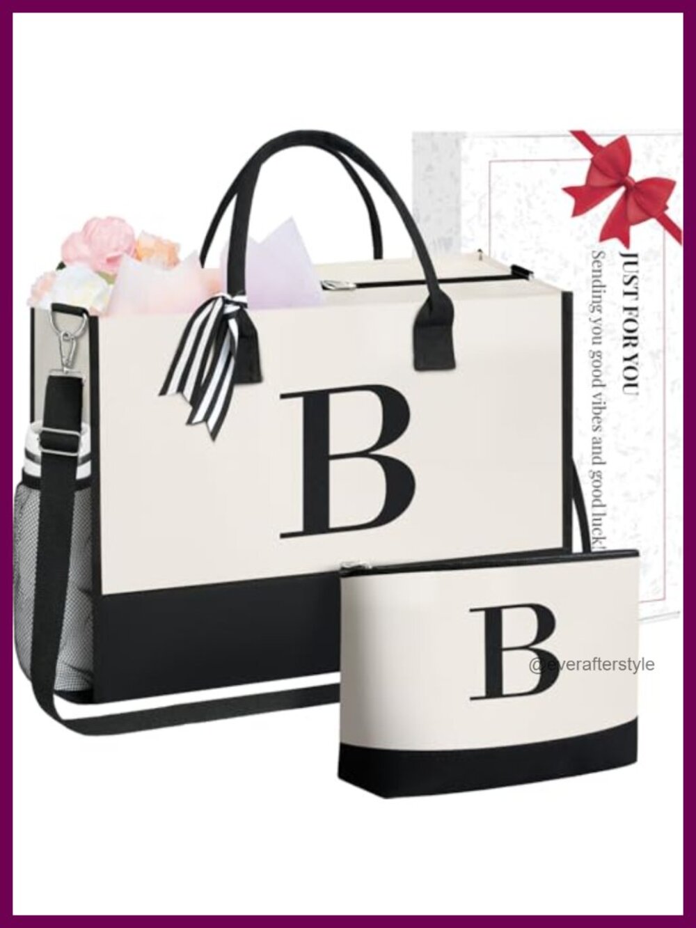Personalized Initial Tote Bag Jute Canvas with Makeup Bag Zip Closure